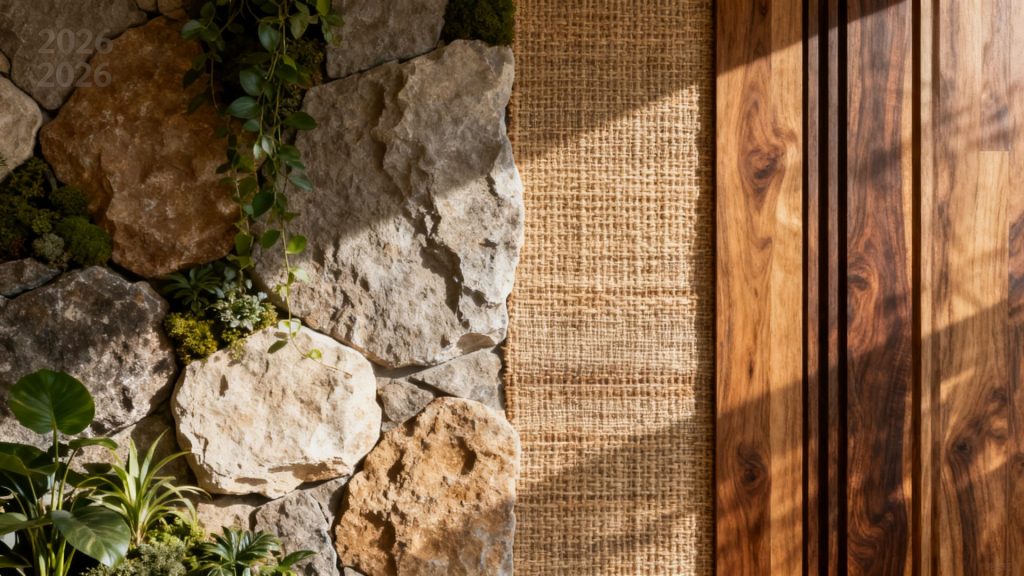 Les murs décoratifs en 2026 : mutation vers les matières organiques et texturées sans aucun texte
